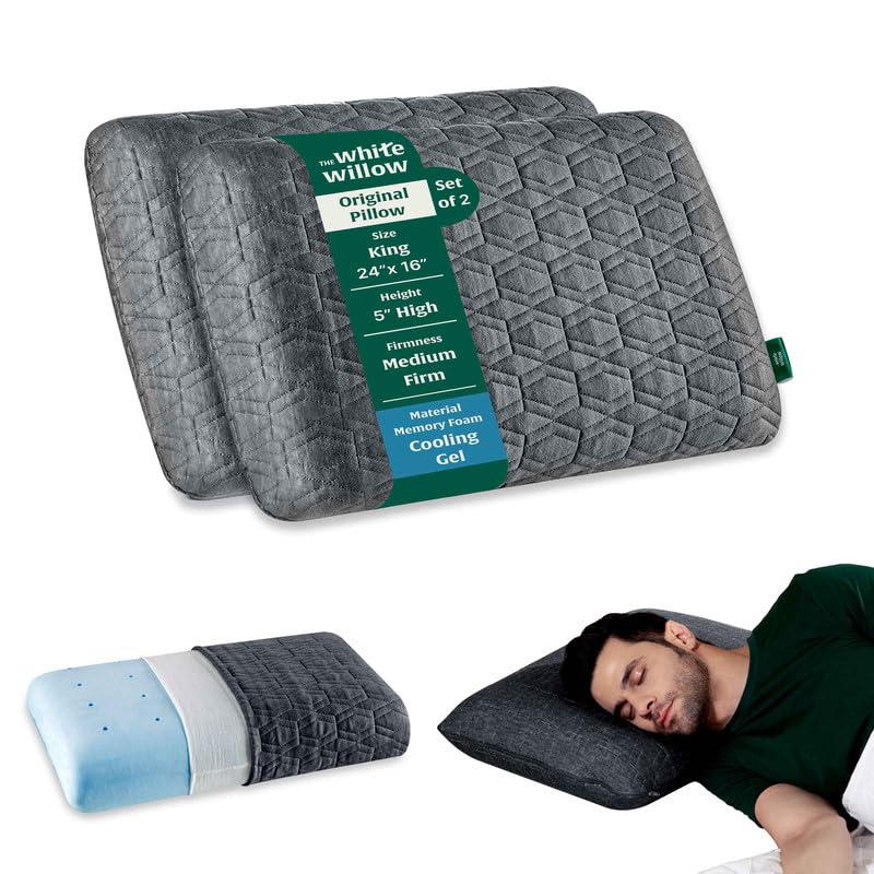 The White Willow Memory Foam Pillow – Set of 2, King Size, Medium Firm Orthopedic Pillow with Cool Gel, Neck & Shoulder Pain Relief, Cervical Support, Back, Side & Stomach Sleepers, 5" H, Grey