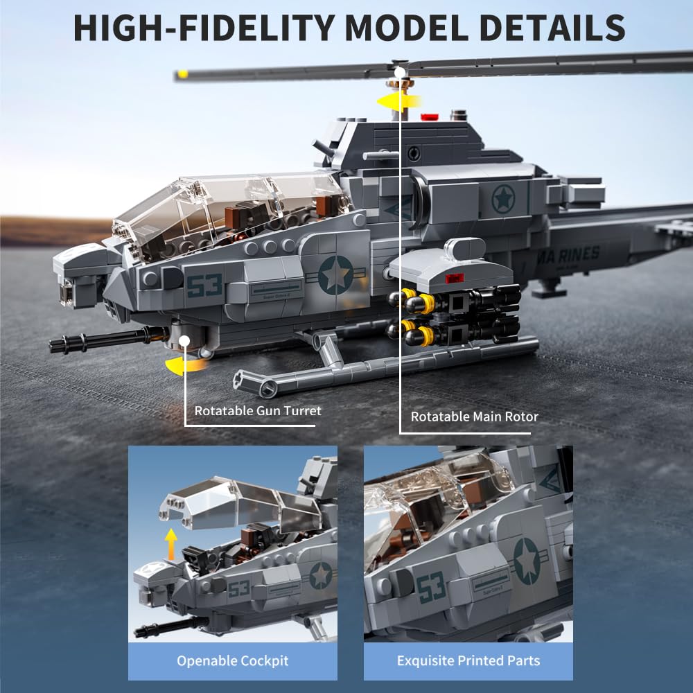 MISINI M8024 AH-1W Super Cobra Bewaffneter Hubschrauber Bausteine Set, 958 Stück Militär Medium 1:35 Hubschrauber Bausatz, Geschenke und Sammlungen für Flugzeugmodelle für Militärische Enthusiasten