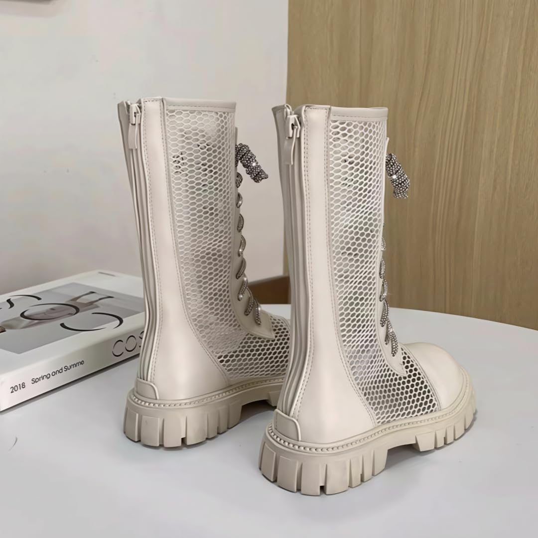 Botas de combate hasta la rodilla para niñas, de malla transpirable, huecos, sandalias romanas con cremallera