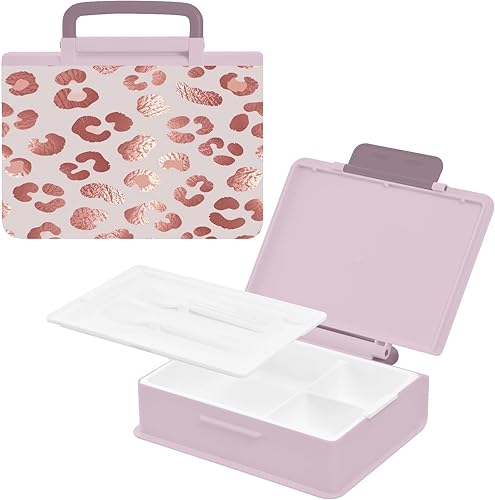 Miniatura 2 de Kcldeci Lonchera Bento de oro rosa con estampado de leopardo, caja Bento con contenedores para almuerzo, caja de almuerzo para niños pequeños, niños