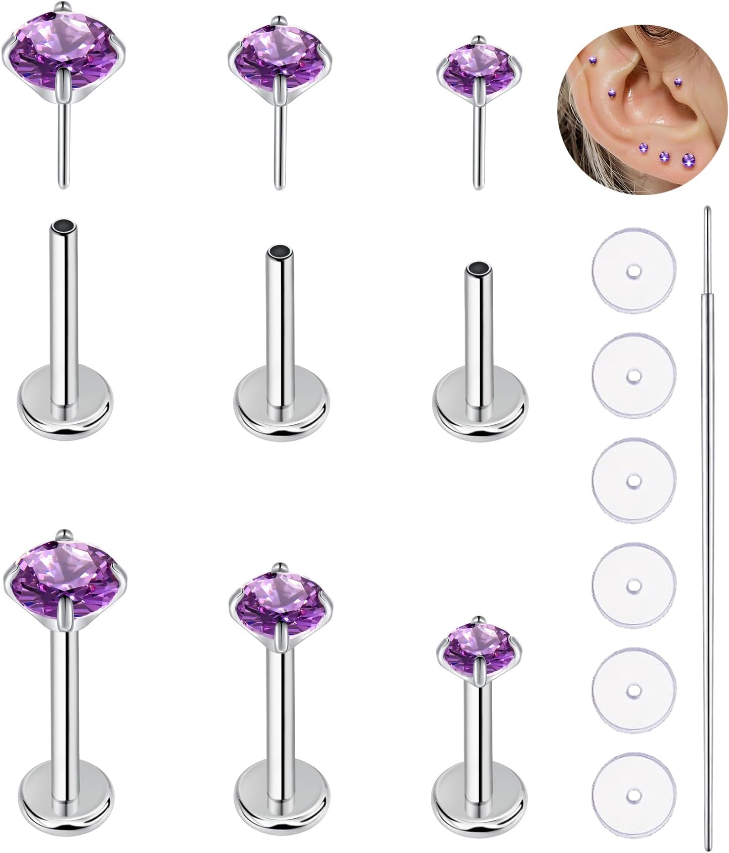 20G Flat Back Earrings Studs 18G Nose Rings 24K Gold Plating 3 Pairs Titanium Threadless 16G Cartilage Earrings for Women Men Tragus Conch Helix Medusa Lip Piercing Jewelry