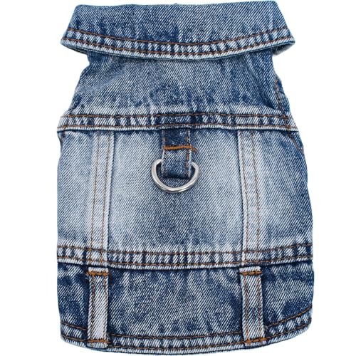 Puppy Clothes for Small Dogs Boy,Classic Western Denim Dog Coat,Dog Jeans Jacket with Leash D-Ring,Pet Cat Costumes,Cooling Harness Vest for Walking (Blue, Medium)