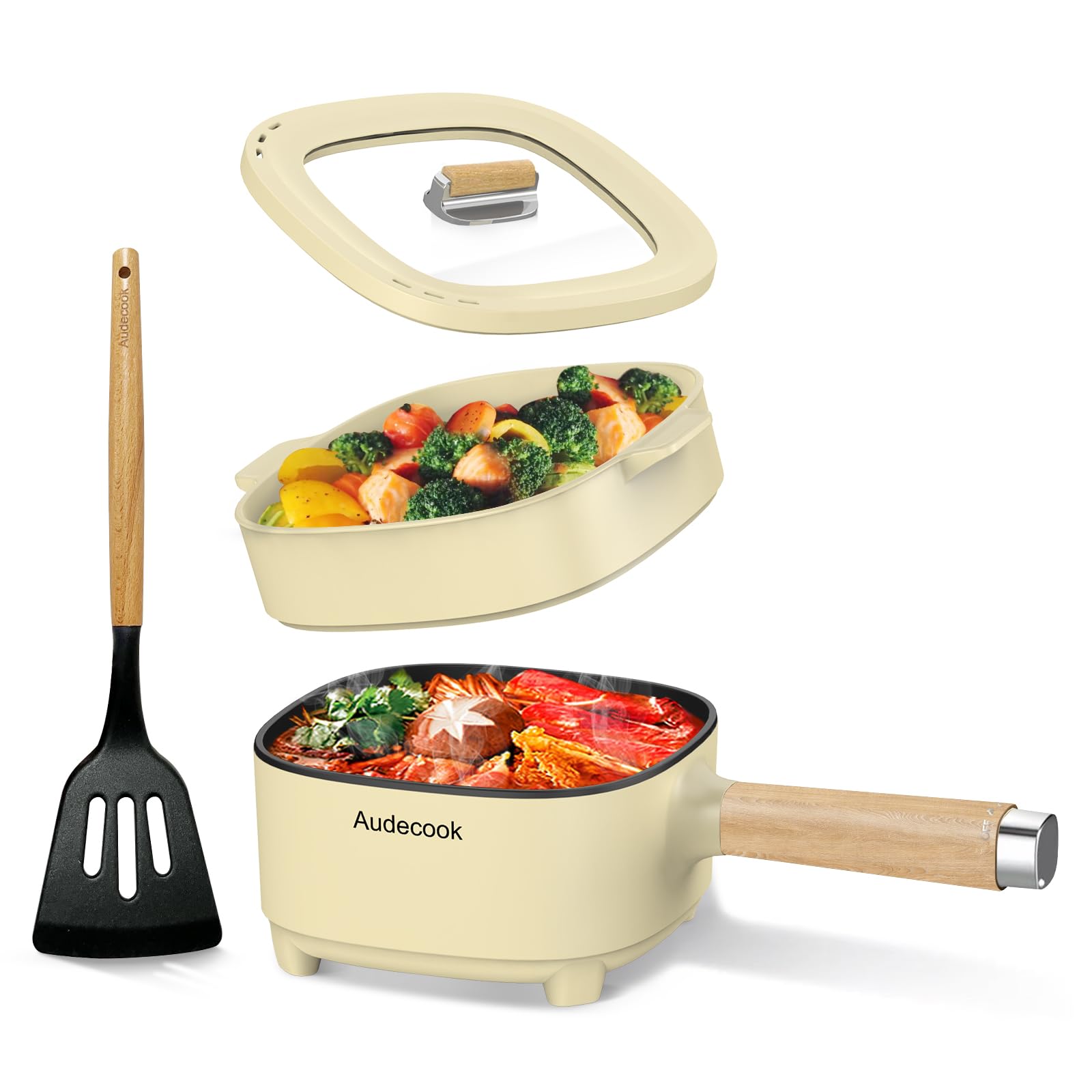 AudecookElectric Frying Pan with Steamer, Upgraded Ceramic Nonstick Frying Pan, Electric Ramen Pan for Steak, Eggs, Fried Rice (J (Beige/2L with Steam Cage))