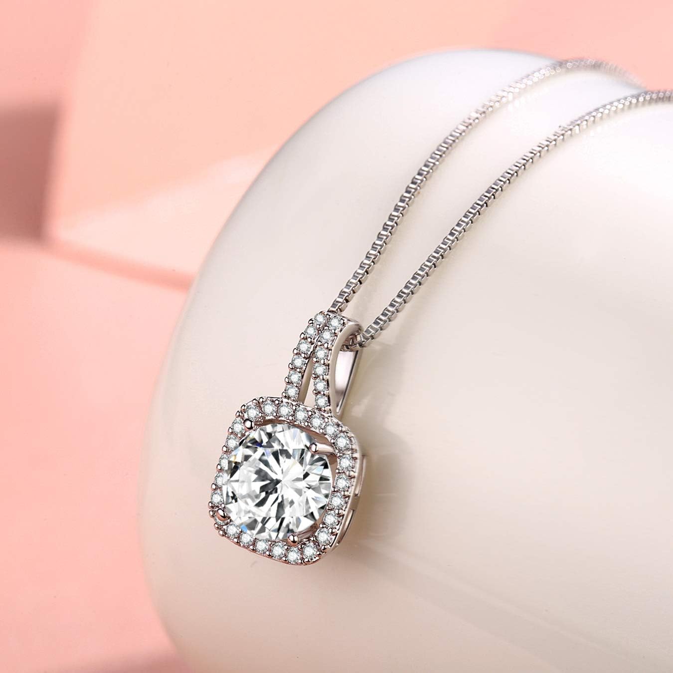 SBLING Platinum Plated Cubic Zirconia/Austrian Crystal Cushion Shape Halo Pendant Necklace/Earrings - Image 3