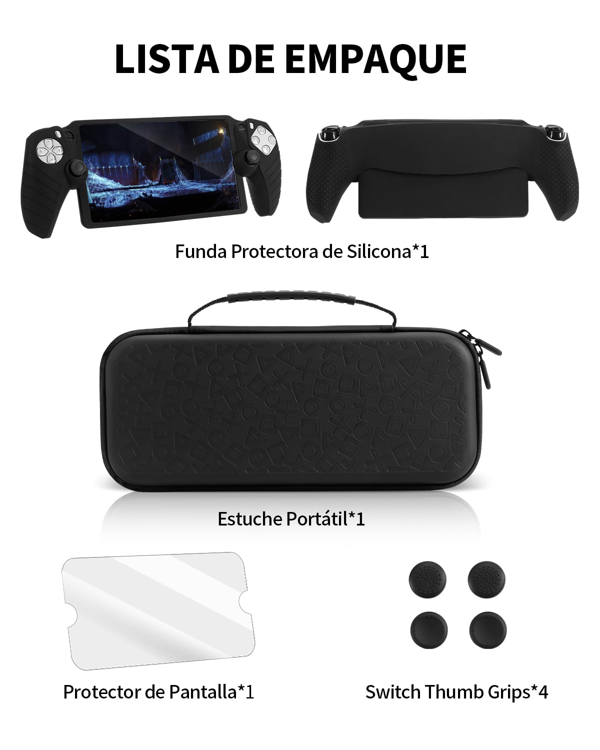 PALPOW 8 en 1 Set de Accesorios Compatible con PlayStation Portal, Funda Psportal Rígido con Estuche Protectora Silicona Compatible con PS5, Pantalla Protector con 4 Thumb Grips, Negro