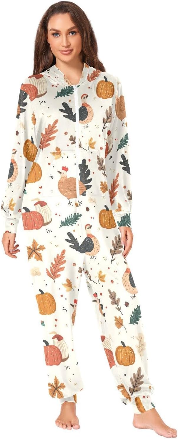 ZZKKO Fall Pumpkin Turkey Adult Onesie Pajamas for Women Men Cozy One Piece Pajamas Costume Zip-Up Hooded S-XL