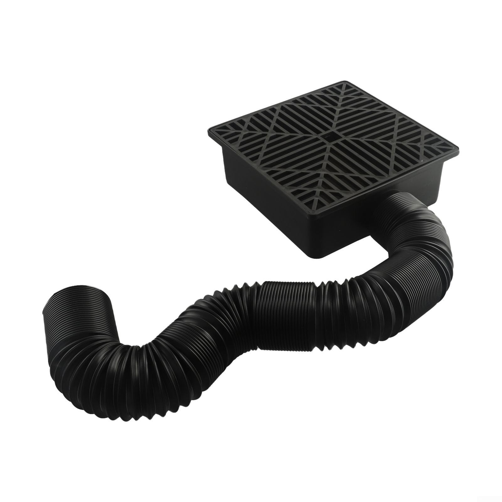 PVC Flat Drain Box with Flexible Pipe 9.05 x 9.05 Inch for Underground Rainwater Drainage Black Length from 16.5 Inch to 5 Feet