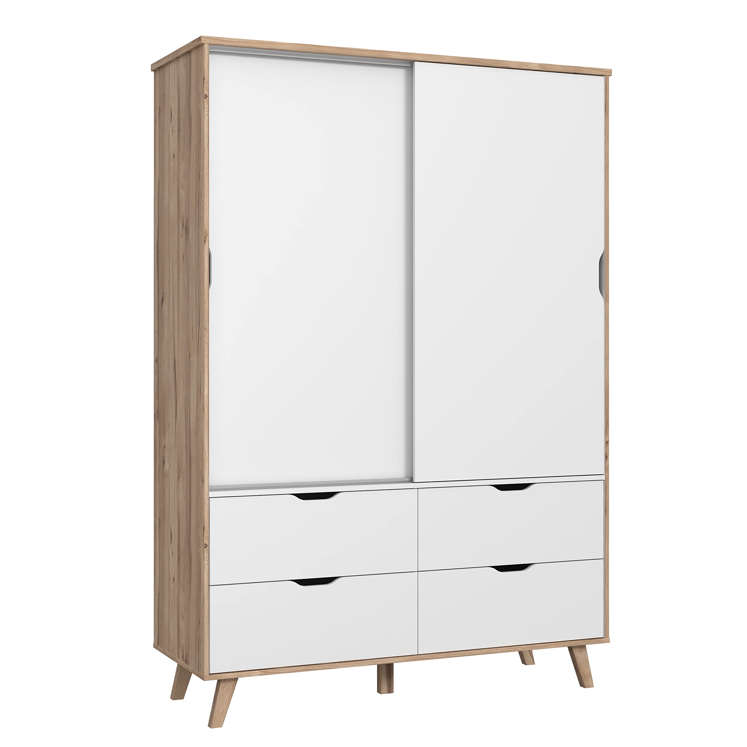 FORTE VANKKA Schrank 140 Kleiderschrank Schiebetüren Skandinavischer Stil 2-türig mit 4 Schubladen Schlaf- oder Kinderzimmer Holzdekor: Eiche mit Weiß 139 cm breit x 201.5 cm hoch x 53 cm tief