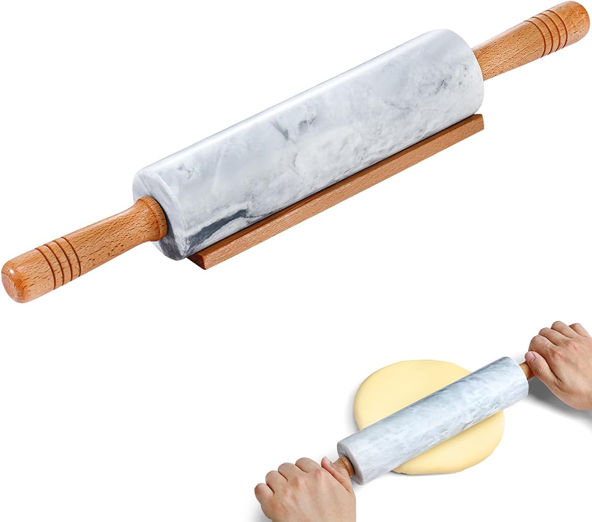 Rodillo de amasar de mármol – Rodillos de amasar de mármol de 18,9" para hornear, repostería, masa de pizza y más – Superficie antiadherente pulida, rodillo de masa largo con mangos y base de madera