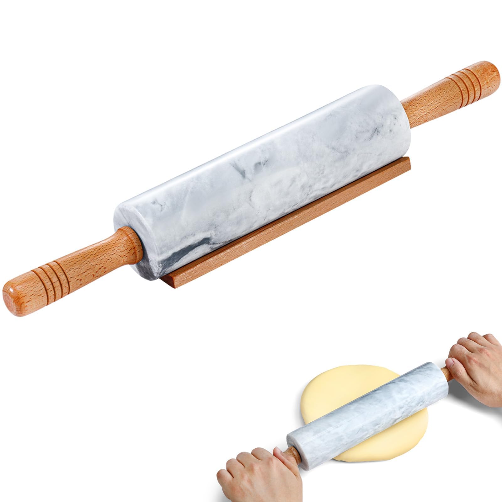 Mattarello in marmo – Mattarello in marmo da 48 cm per cottura, pasticceria, pasta per pizza e altro ancora, superficie lucida antiaderente, rullo per impasto lungo con manici e base in legno