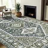 Rofee Living 5x7 Washable Boho Area Rug,Dark Green Blue Vintage Distressed Living Room Bedroom Rug,Stain Resistant with Non Slip Rubber Back Accent Floor Carpet