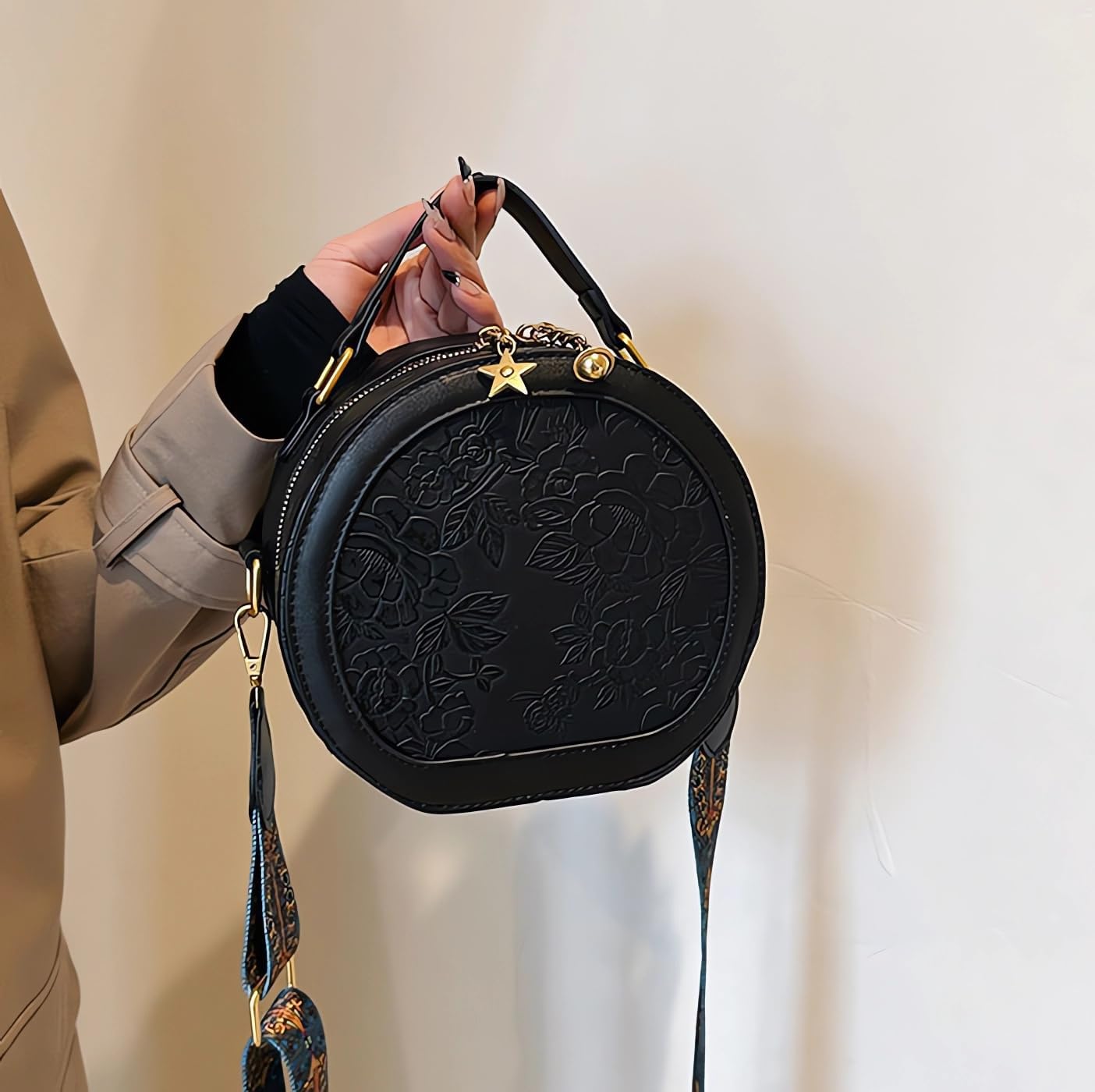 Women's Retro Flower Printing Handbags and Crossbody Bags,Female Purses Quilted Versatile Round Bags Satchel Bags - Image 4