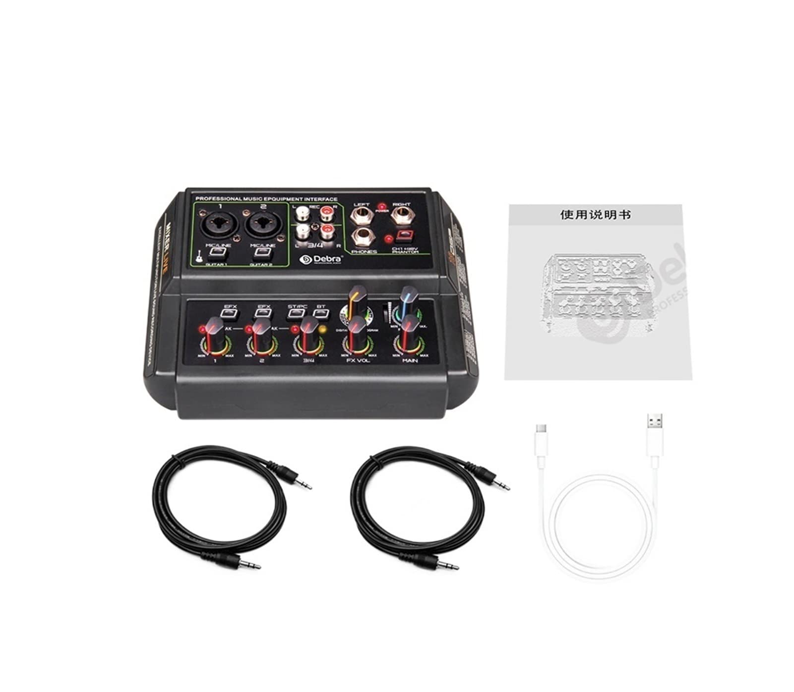 Tarjeta de sonido de interfaz de audio de 4 canales, puerto de auriculares de monitor de 6.5 mm, 16 efectos for transmisión en vivo y grabación de canto.