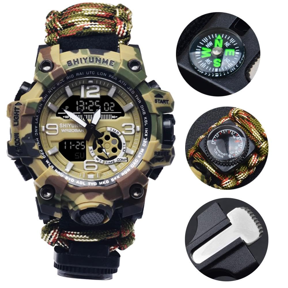 Bracelet tactique multifonction 7 en 1 - Montre de survie avec boussole, thermomètre, sifflet et corde de parachute de 113 kg - Pour camping, randonnée et escalade