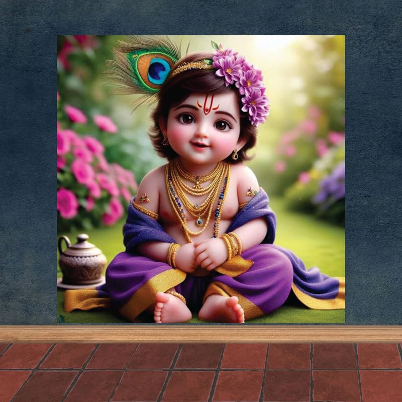 Image of British Terminal Cute little Bal Gopal Baby God Krishna| Kanha Ji | Laddu Lord Makhan Chor Painting Religious Poster for Pregnant Women for wall (matt thin vinyl,sticker,multicolor,unframed)| bj210