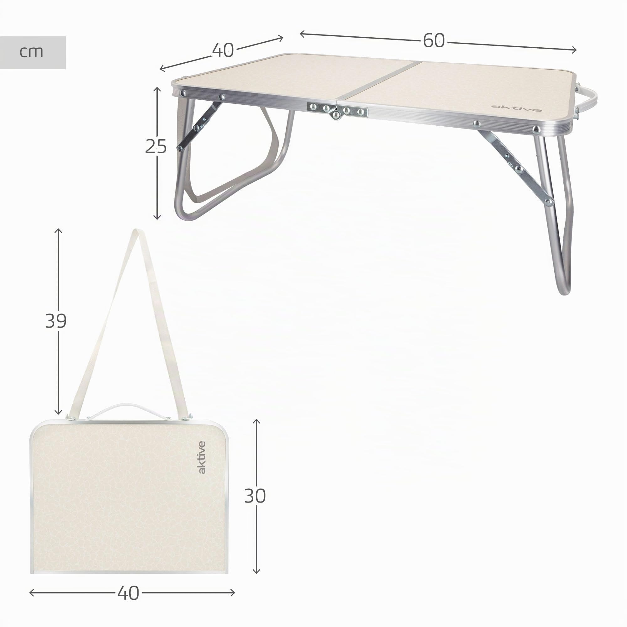 Klappbarer Strandtisch, Niedriger Strandtisch, 60x40x25 cm, cremefarben, Metallgestell, Holztischplatte, kleiner klappbarer Campingtisch, Sicherheitsverschluss, Aktive Camping