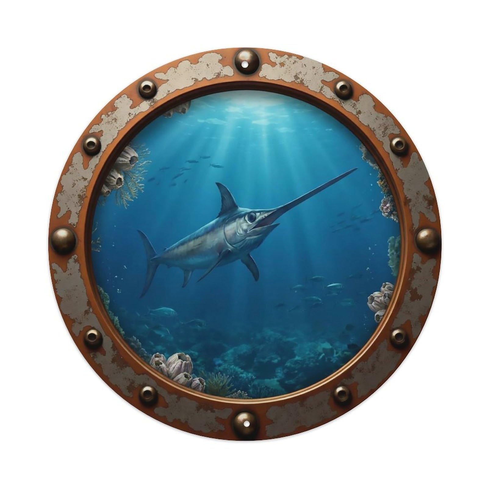 Odgynaw 8X8inch(20X20cm) Vintage Porthole Swordfish Nautical Window View Metal Tin Sign
