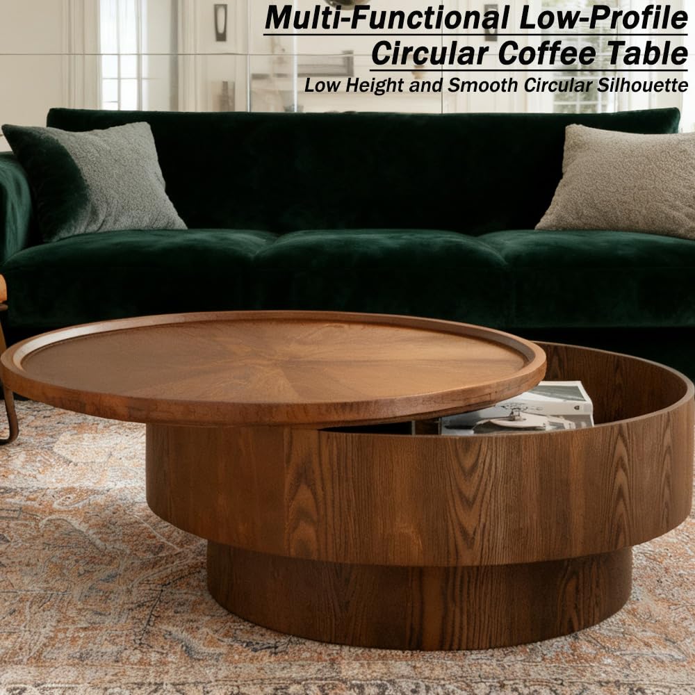 Table basse ronde de 78 cm avec rangement, design moderne de luxe, finition grain de bois, assemblage facile pour le salon