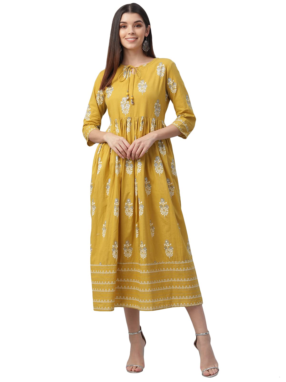Nesara Yellow Silver Foil Printed Cotton Women's Dress