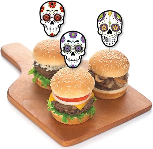 Miniatura 3 de Big Dot of Happiness Día de los Muertos - Decoración para cupcakes de postre - Calavera de azúcar de Halloween - Selecciones transparentes para