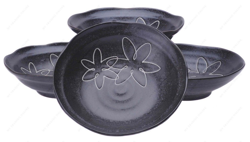 M.V. Trading MV0314B187 Japanese Deep Soup Plate with Flower Design, 6¾-Inch, Black, Set of 4