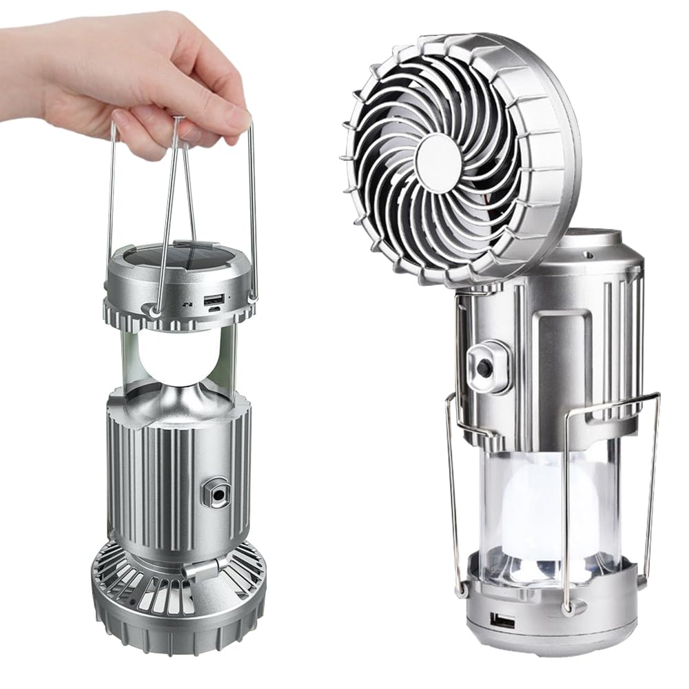 Portable LED Camping Lantern with Fan, New Upgraded Multifunctional Solar Camping Lantern Rechargeable Solar Fan, Tent Camping Fan Hanging with Light (StyleA-Gray)