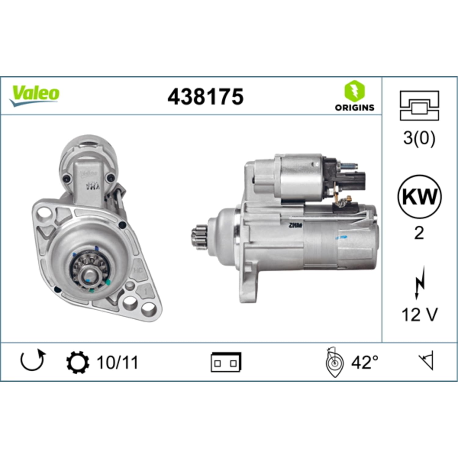 VALEO-438175-Motor de arranque- Potencia nominal: 2 kW - Stop & Start: NO - Número de dientes: 11 dientes - Tensión: 12 V - Sentido de rotación: ANTI CLOCKWISE