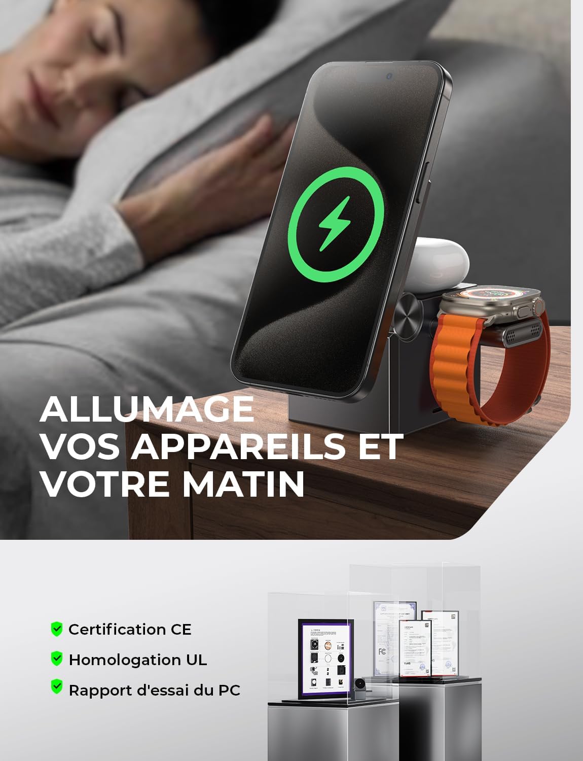 LISEN 3 in 1 Caricatore Wireless Stazione di Ricarica Magnetica, Ricarica Rapida Wireless Phone Charger Stand per iPhone 17 Pro Max Air Apple Watch Airpods, Caricatore Magsafe Apple Accessori