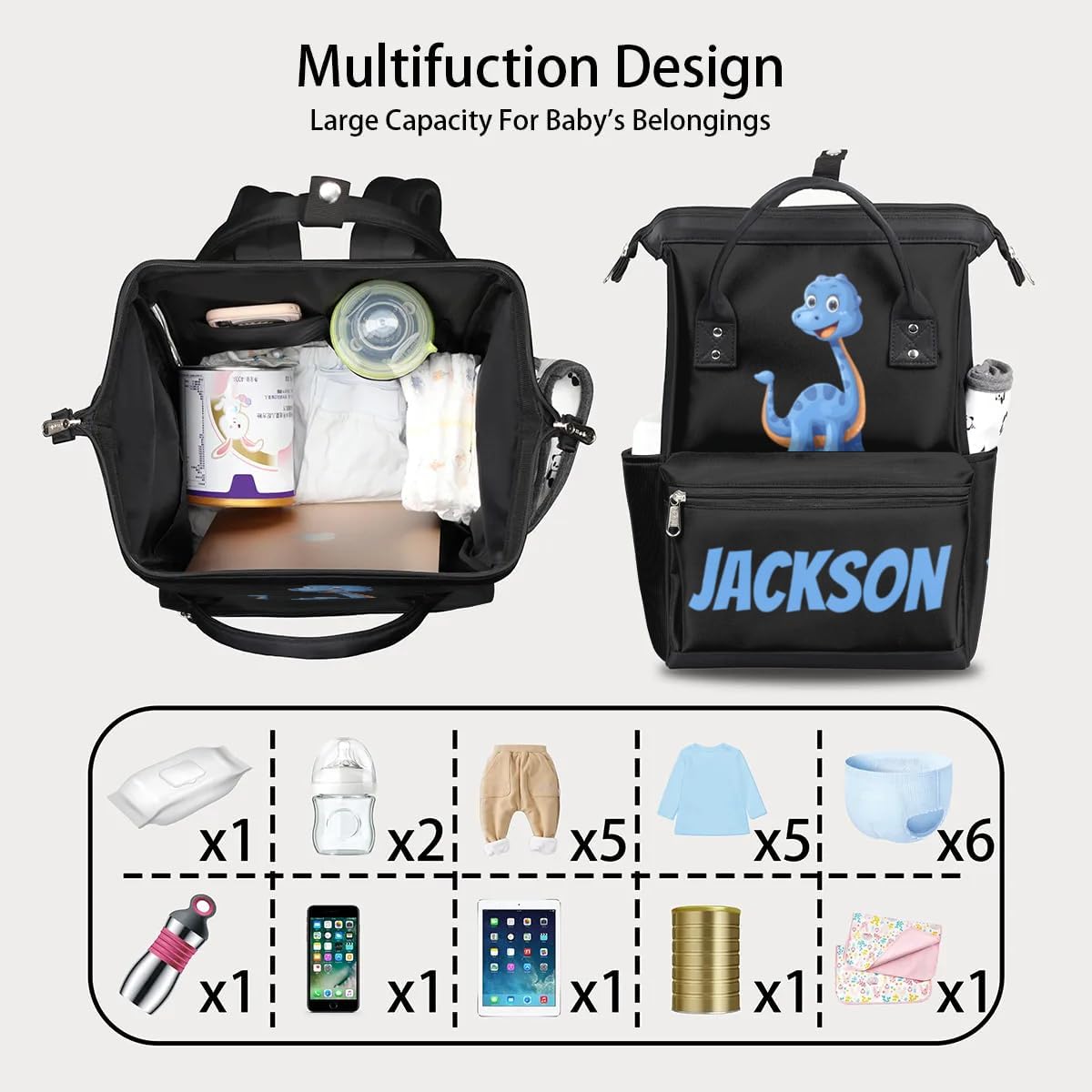 Custom Blue Smile Dinosaur Baby Black Diaper-Bags Backpack for Mom Mother,Personalized Name Maternity Nappy Bag with Stroller Strap,Waterproof for Travel,11”*7”*15.7”