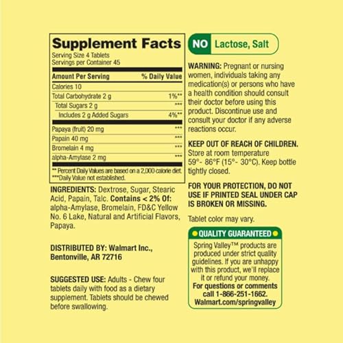 Spring Valley Papaya Enzyme Complex Digestive Support Chewable Tablets Dietary Supplement, Vegetarian 180 Count Includes Me Gustas Sticker #TOP4