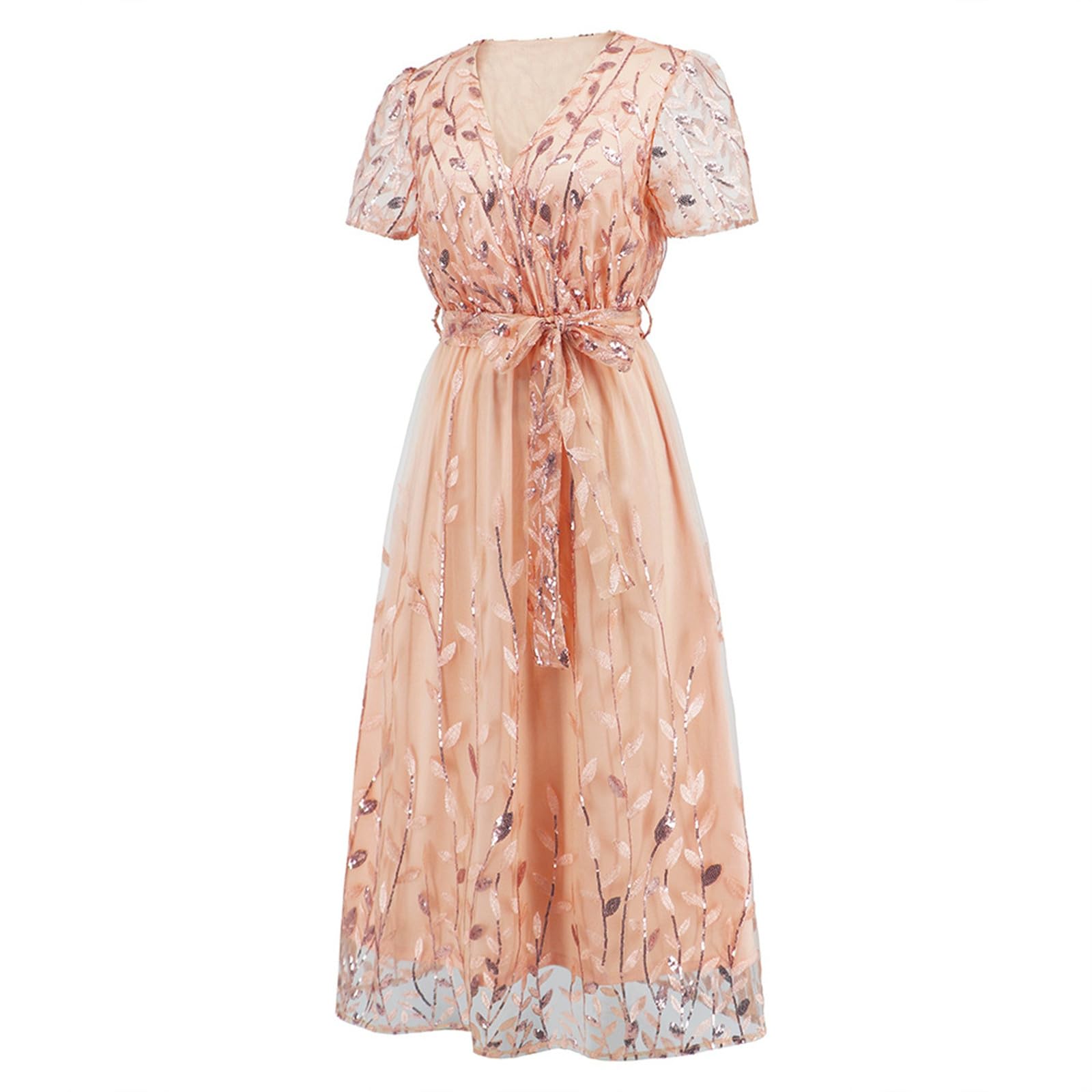 Robe mi-Longue en Soie Brillante brodée à col en V pour Femme, élégante et stylée Robe Paillettes