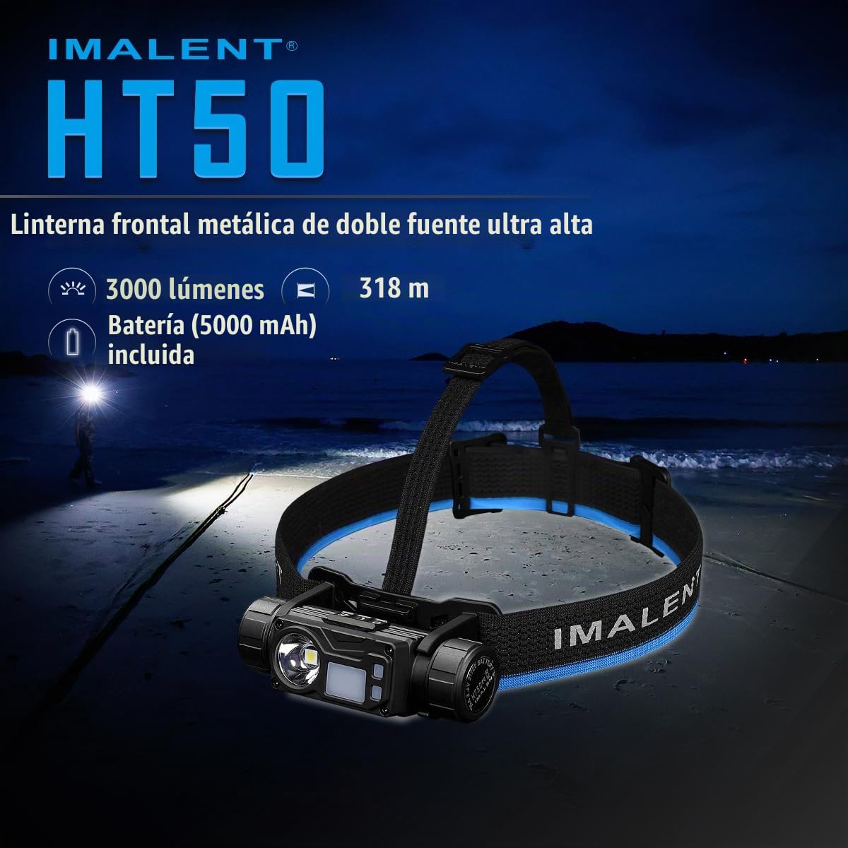 IMALENT HT50 Linterna Frontal LED con 3000 Lúmenes, Alcance de Luz de 318 Metros, Linterna Frontal LED Recargable por USB-C con Luz Roja Ajustable en 180° para Correr, Pescar, Acampar, Emergencias