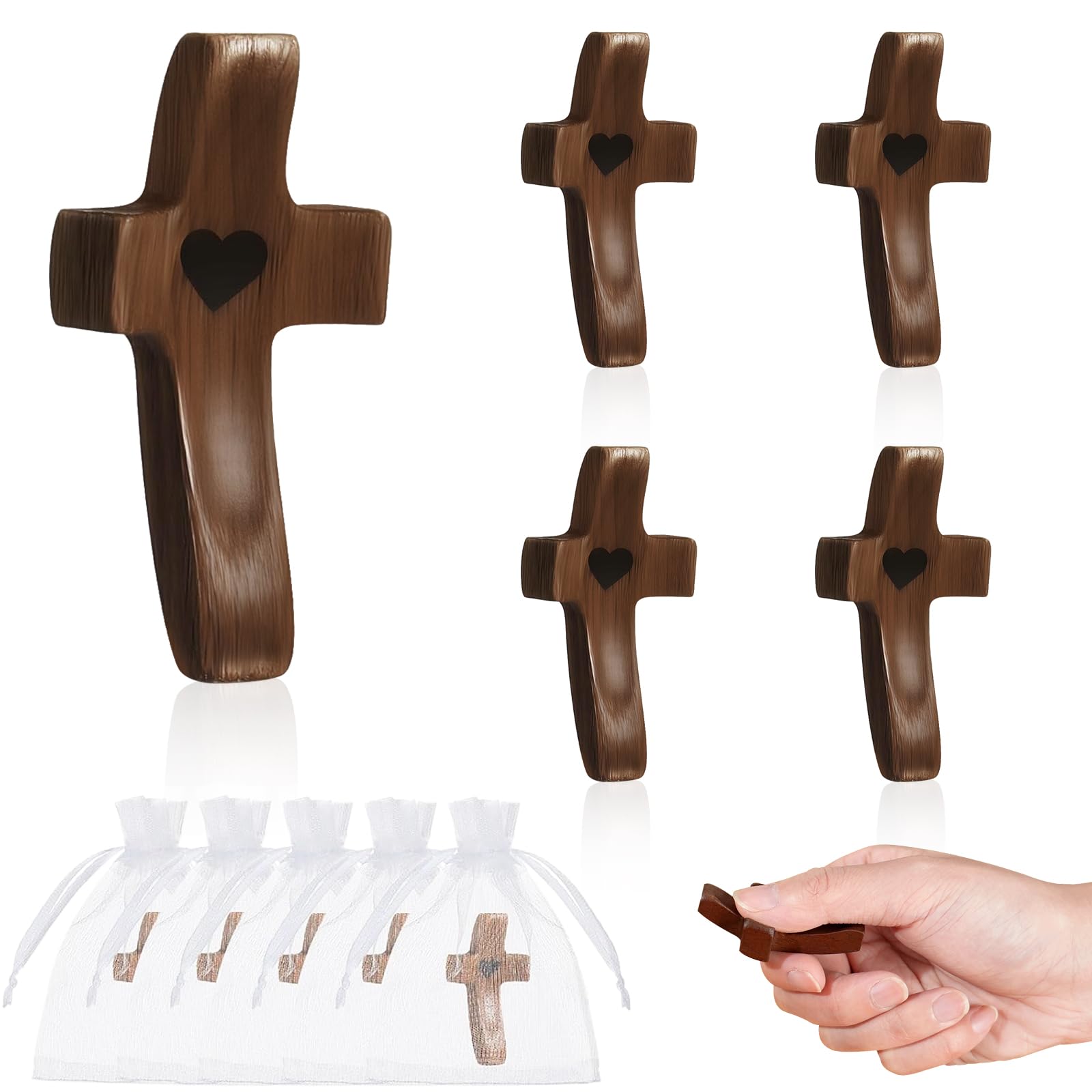 5PCS Cross My Heart Encouragement Gift Wooden Pocket Crossess Handheld Wooden Cross Clinging and Praying, Fingertip Stress Relief Religious Gifts