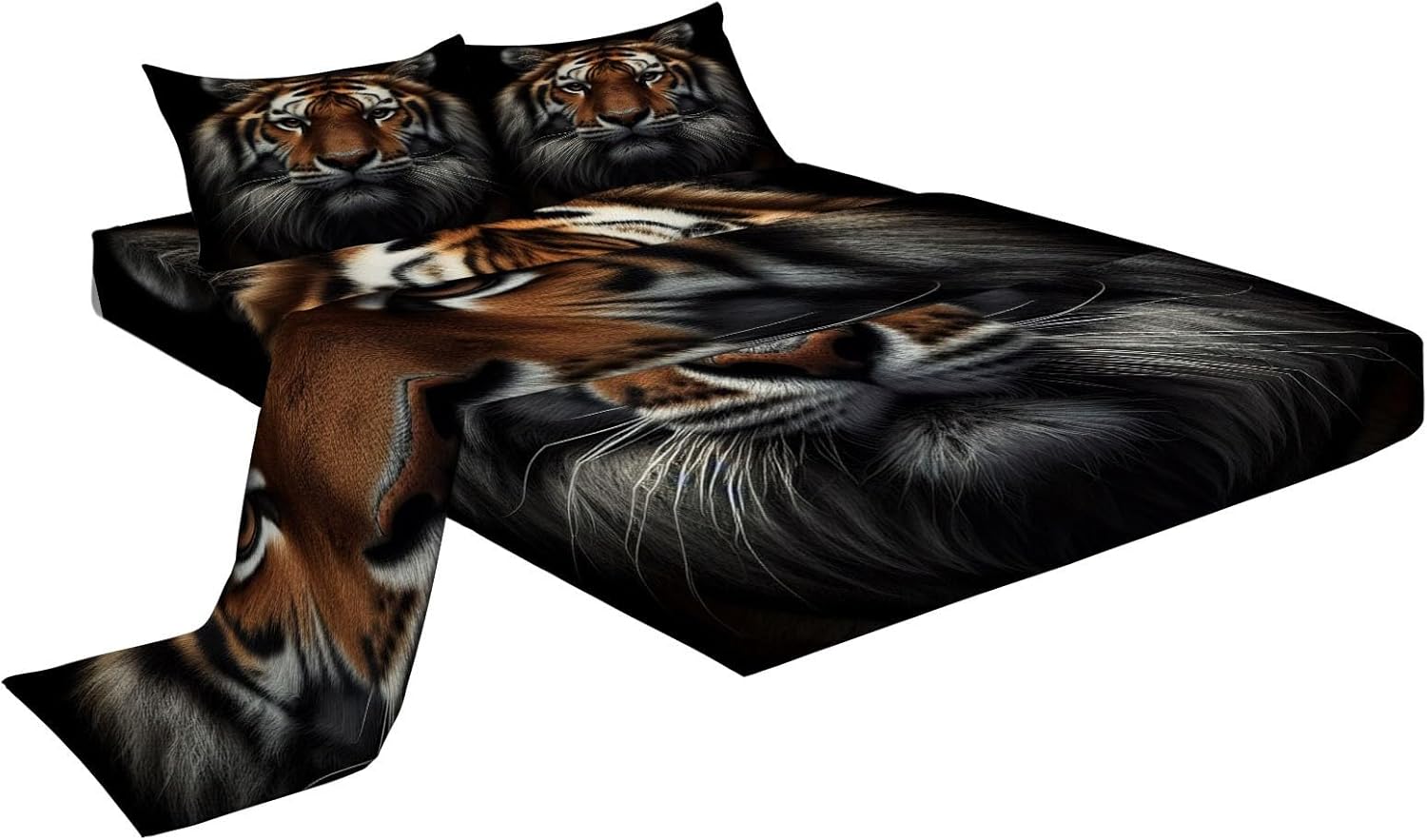 Bed Sheet Set 4 Piece Bedding, Tiger Animal Reactive Printed Sheet Set Queen Size - Soft, Breathable, Long-Lasting, Fade Resistant - Includes 1 Flat Sheet,1 Fitted Sheet, 2 Shams