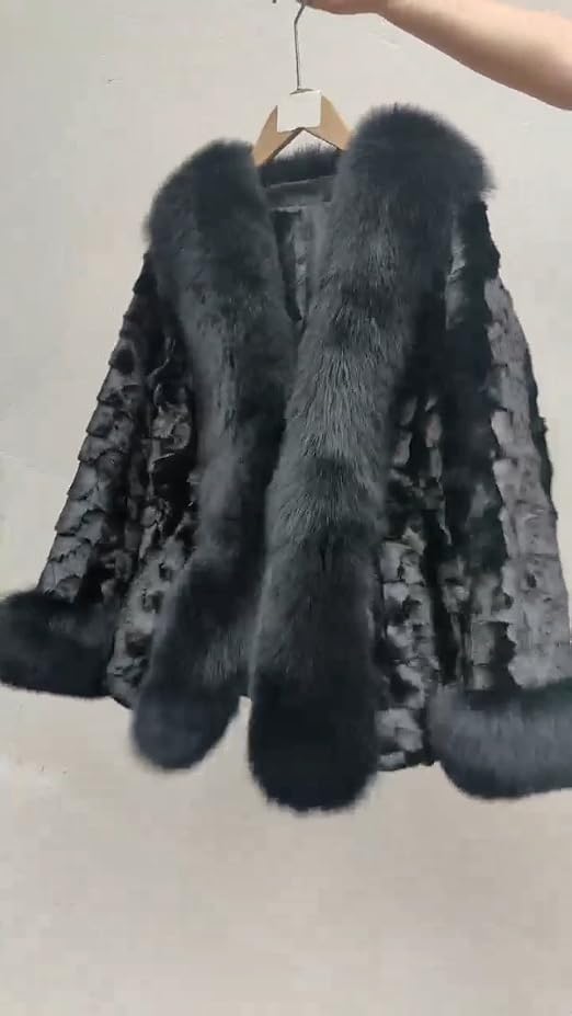Women's Genuine Mink Fur Coat with Fox Fur Collar and Sleeve Cuffs