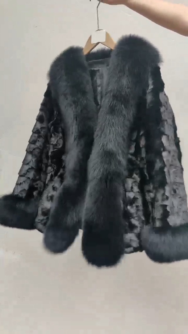 Women's Genuine Mink Fur Coat with Fox Fur Collar and Sleeve Cuffs