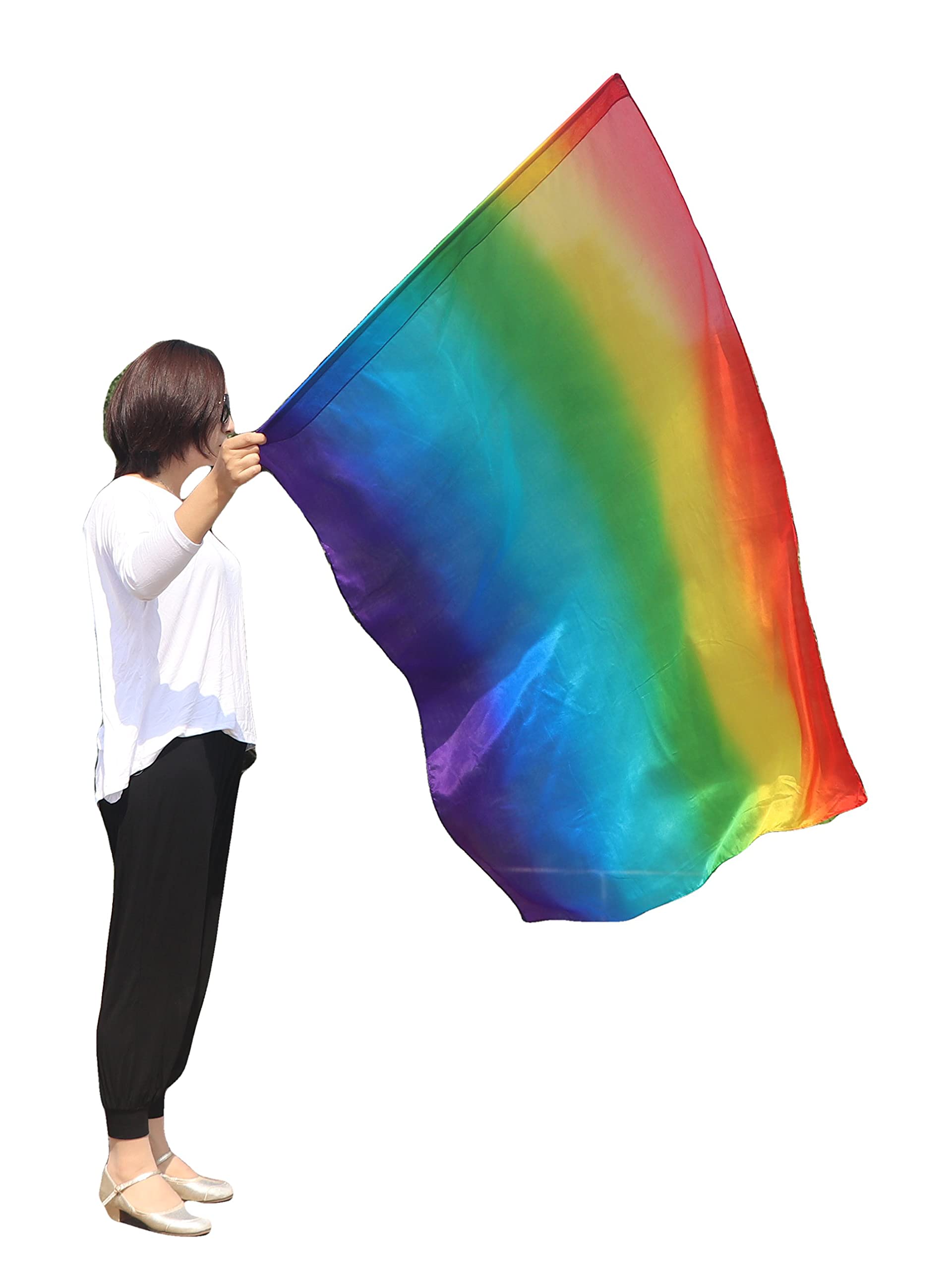 Winged Sirenny Lightweight Silk Dance Flag 130cm (50in) with Flexible Pole - Flowing Performance Silks for Festivals, Parades & Dance - Vibrant Hand-Painted (long side Rainbow)
