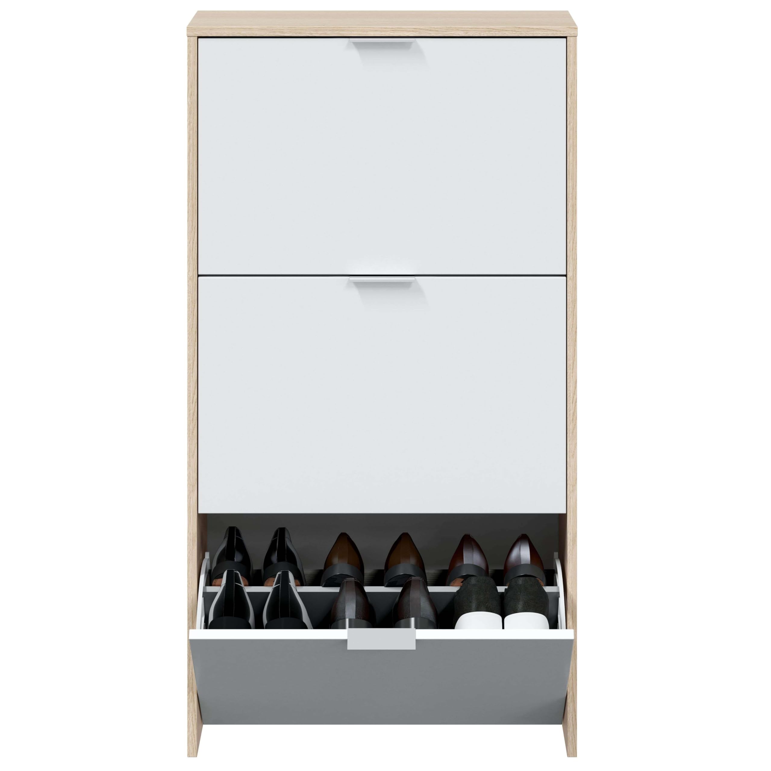 Habitdesign Zapatero 3 Puertas, Zapatero Estrecho, Acabado en Color Blanco Brillo y Roble Canadian, Medidas: 60 cm (Largo) x 113 cm (Alto) x 22 cm (Fondo)