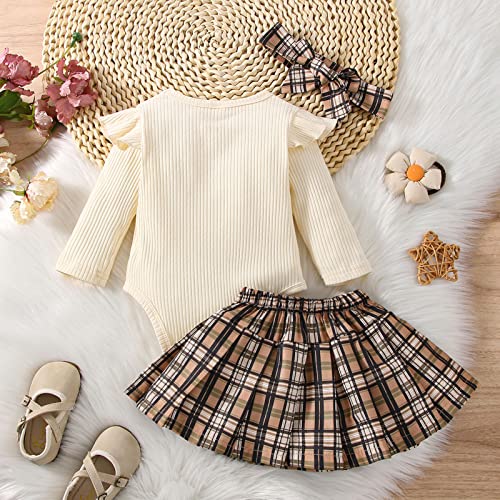 Infant Girls Long Sleeve Ruffles Ribbed Romper Bodysuits Plaid Prints Skirt Headbands Outfits Cute Pants (Beige, 3-6 Months) #TOP4