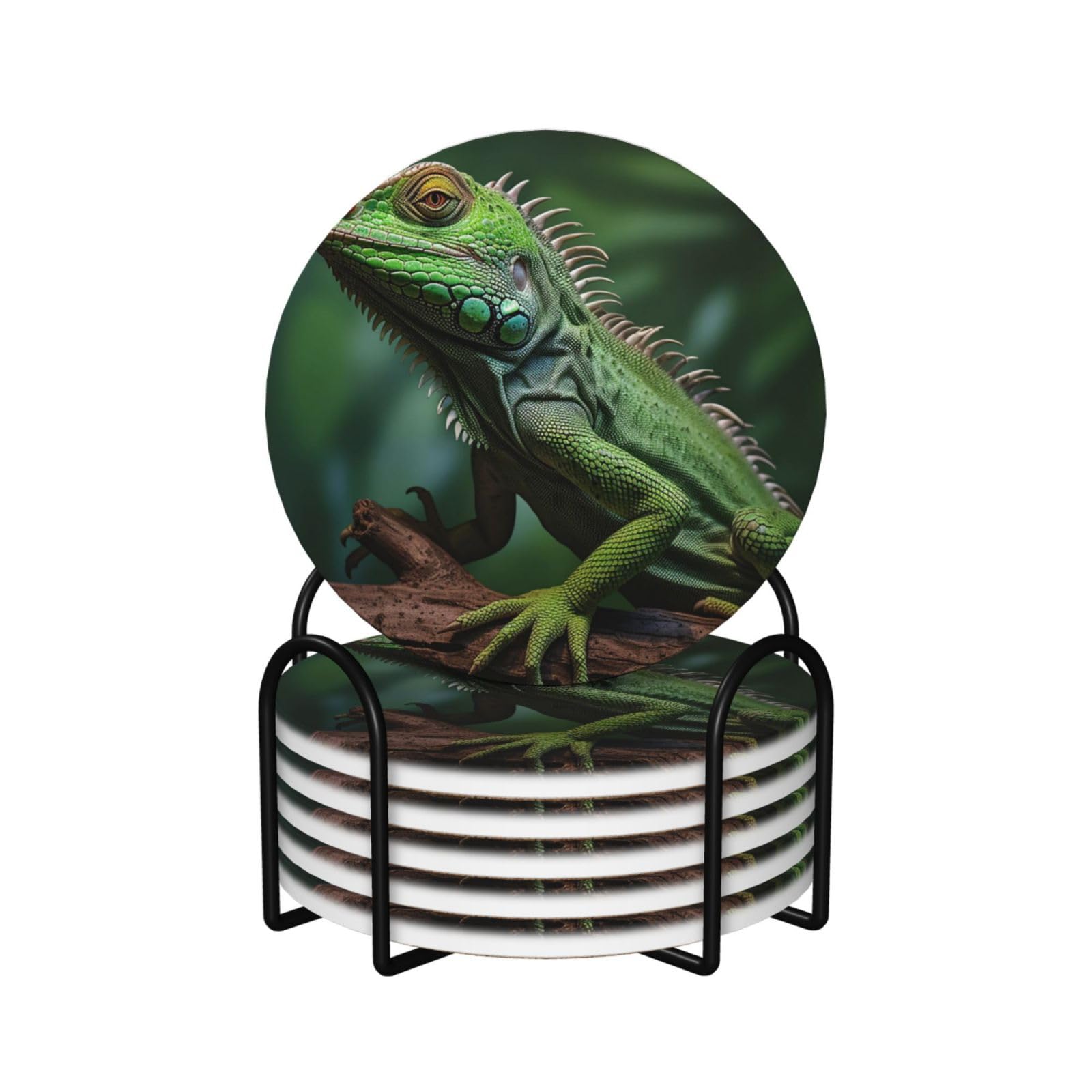 Drink Coasters Set of 6 Non-Slip Ceramic Coasters with Holder Green Lizard on Tree Coasters for Drinks Tabletop Protection Cups Mugs Mat Pads for Coffee Table Bar Home Decor