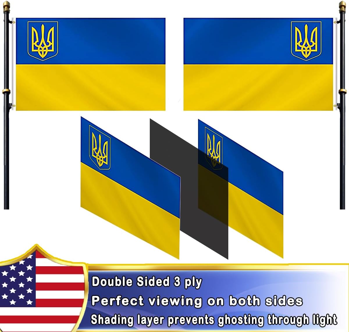 VOLTA Double Sided Ukraine Flag with Coat of Arms 3x5ft, Outdoor Heavy Duty 3-Ply Durable Polyester, Double Stitched, Canvas Header & Brass Grommets