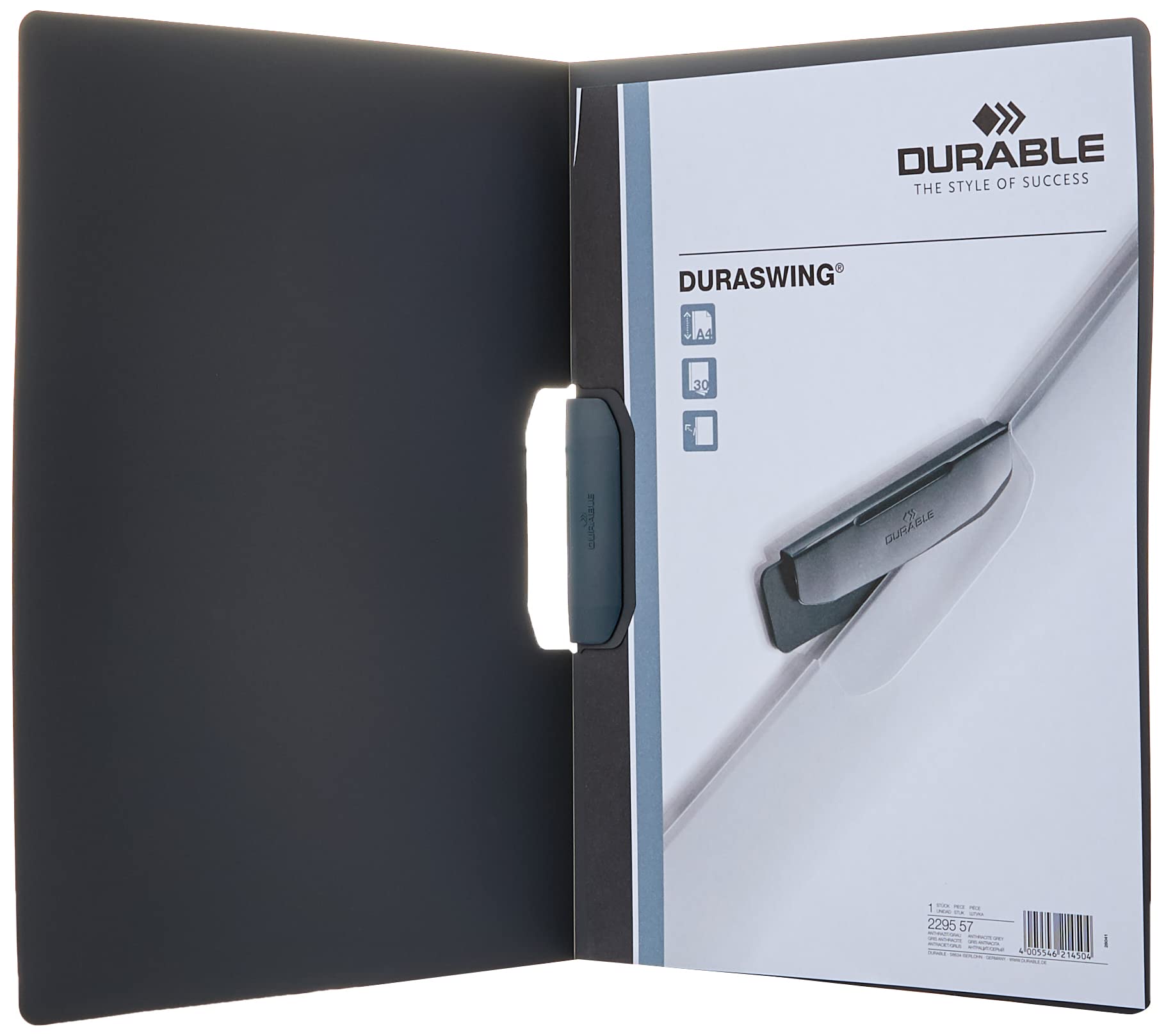 Durable 229557 Skoroszyt zaciskowy Duraswing, opak. 5 sztuk, kolor antracytowy/szary.