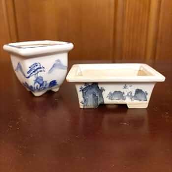 落款有り　盆栽鉢　丸 Amazon.co.jp: 丸籐の落款鉢、染付鉢、盆栽鉢、植木鉢、小品盆栽