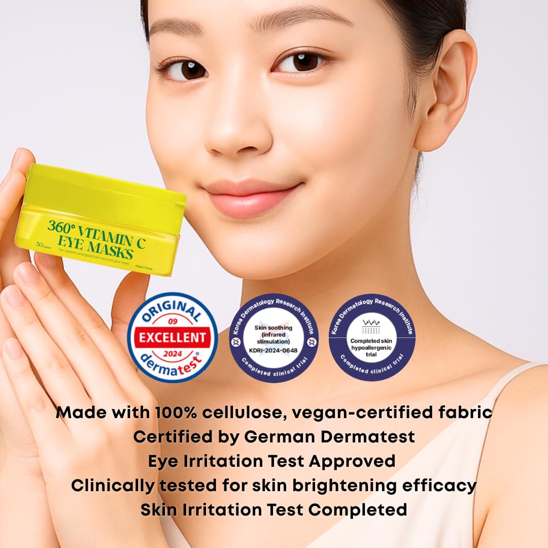 360° Vitamin C Eye Masks – Korean Under Eye Patches for Puffy Eyes & Dark Circles, Lifting Eye Tone Up with Niacinamide & Bakuchiol, Hydrating and Soothing 50 Masks