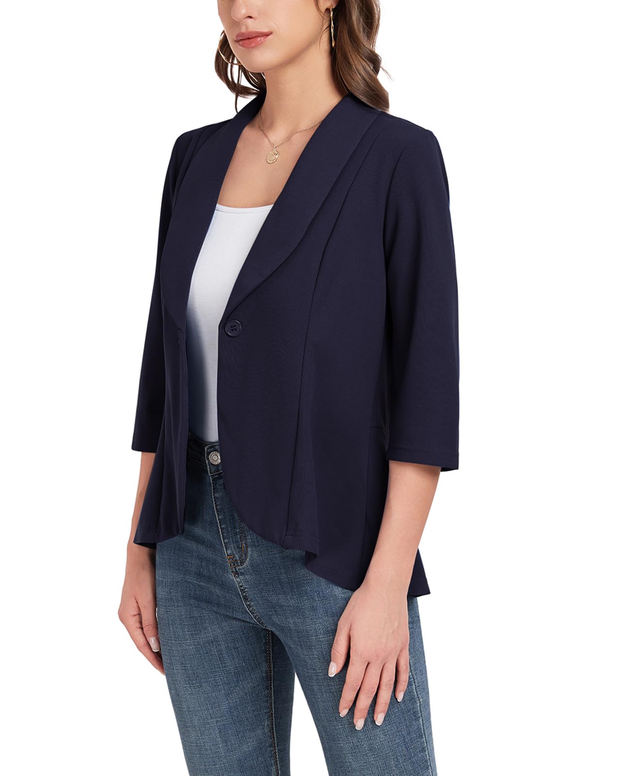 Blazer da donna con maniche a 3/4, cardigan aperto sul davanti, con bottoni, collo a scialle, giacche da lavoro, ufficio, giacche