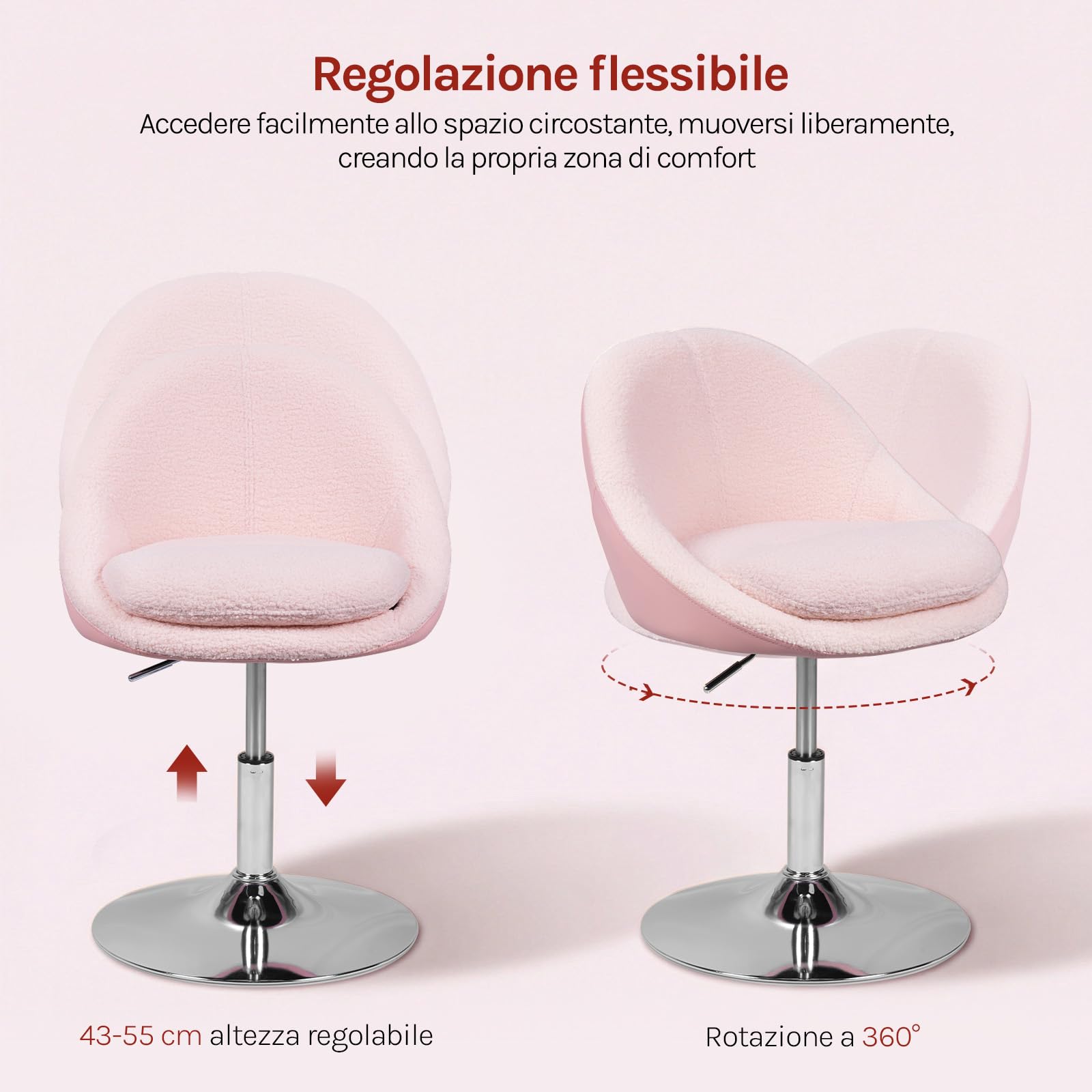 WOLTU Sgabello per Toeletta Trucco con Schienale, Sedia Moderna Sala da Pranzo Girevole a 360°, Altezza Regolabile, in Tessuto Teddy e PU, per Camera da Letto, Ufficio Domestico, Rosa