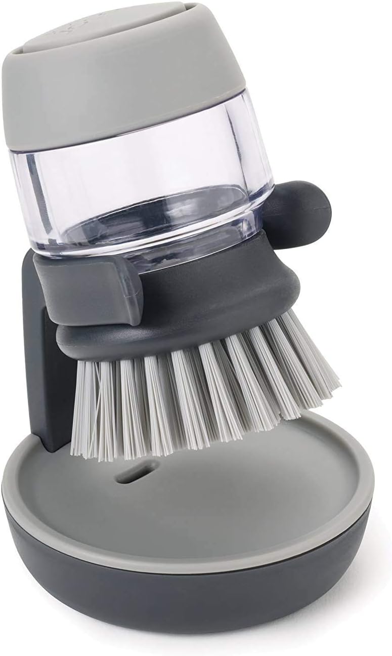 Fezda Dish Brush with Soap Dispenser, Soap Dispensing Palm Brush, Dishwashing Kitchen Scrub Brushes Dish Scrubber with Holder Drip Tray for Dish Sink Pan Pot Washing and Cleaning