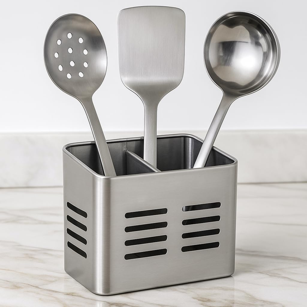 Portautensili Rettangolare da Cucina - Contenitore Portaposate in Acciaio - Scolaposate - Portapenne Metallico - 16 x 9 cm