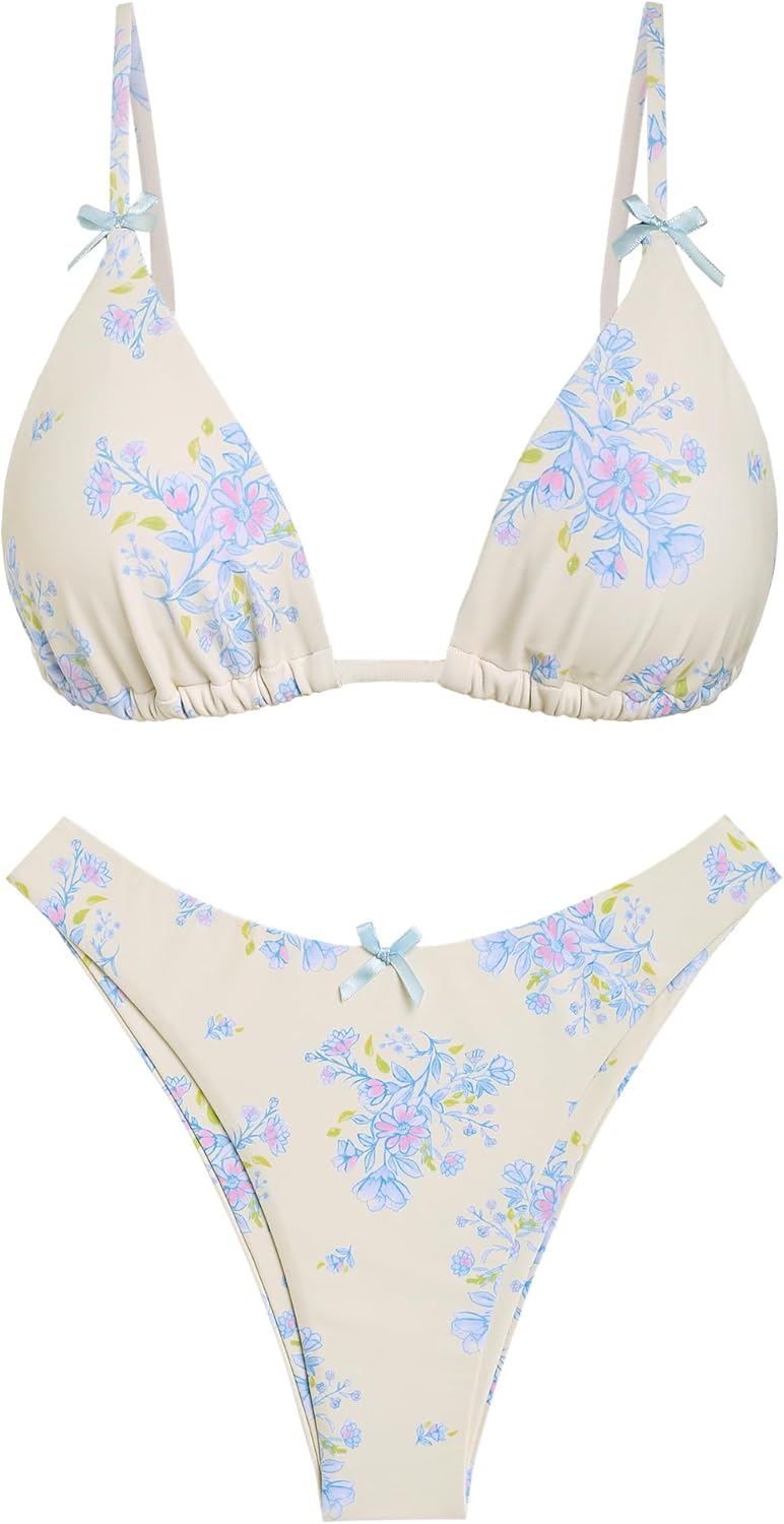seamoly Women's Bikini Sets Tie Back Bowknot Two Piece Swimsuits Triangle Thong Bathing Suit Gingham Floral Cherry Printing
