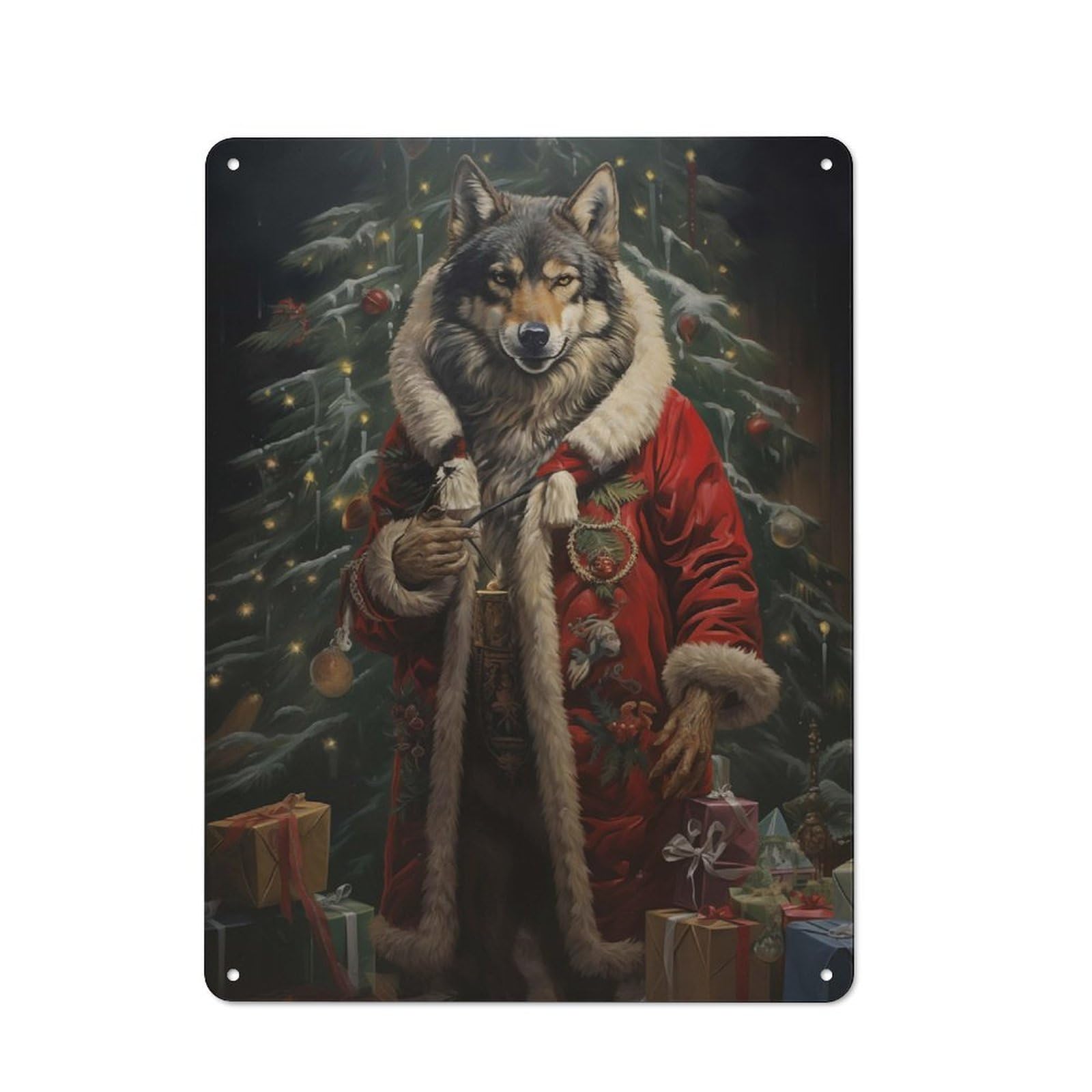 Junmoney Jolly Wolf Christmas Tin Wall Plaque 40X30cm With For Home Office Or Studio, Gift Idea At Christmas For Creative Workspace Decorators